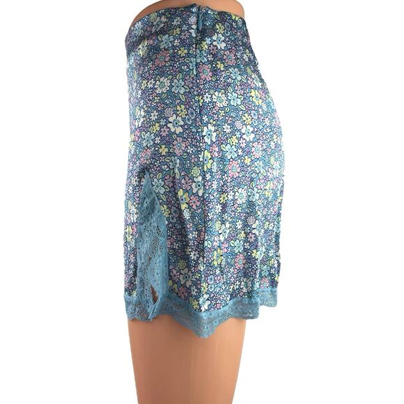 Frankies Bikinis Blue Lace Silk Satin Floral Print Mini Casual Pencil Skirt XS - Picture 2 of 5
